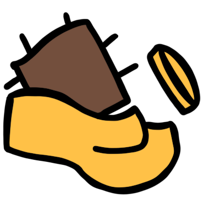 a yellow hand held out, a gold coin above and to the right of it. behind the hand is a brown fabric patch.